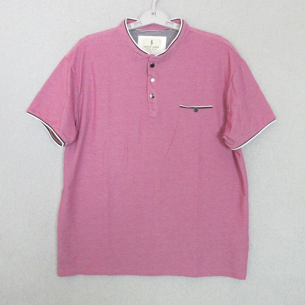 Scott James Polo Shirt Mens XL Pink Short Sleeve Henley Contrast Trim Pocket